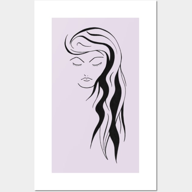 Black and white woman with long hair and eyes closed Wall Art by Drawings by Wandersti